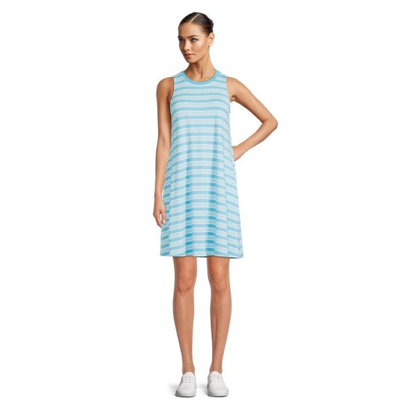 Time and Tru Women Striped Mini Dress Round Neck W/Pockets Aqua Spring Sz Small - Picture 6 of 11